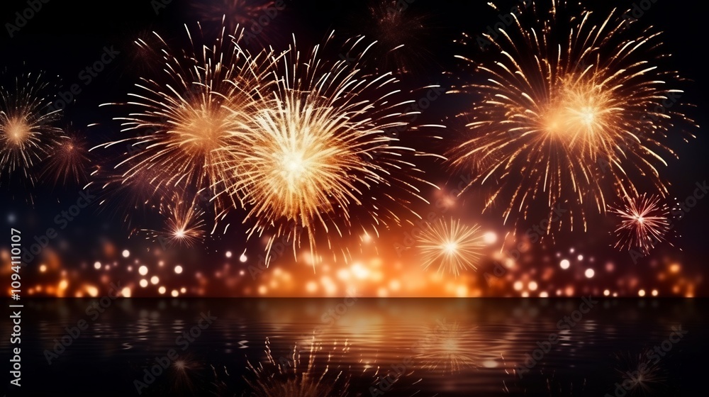 Dazzling Fireworks Over Tranquil Lakefront at Midnight Dazzling Fireworks Over Tranquil Lakefront at Midnight