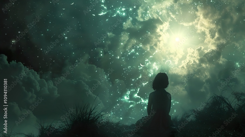 Silhouette of a Child Gazing at a Dreamy Starry Night Silhouette of a Child Gazing at a Dreamy Starry Night