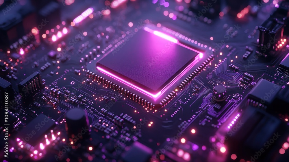 Close up of a CPU glowing purple Close up of a CPU glowing purple