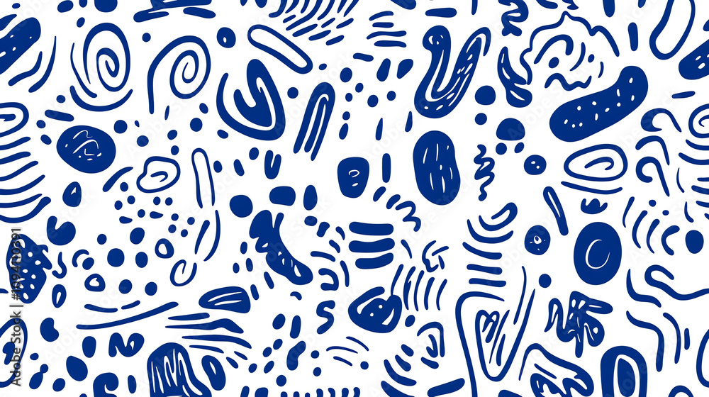 Fototapeta premium Abstract doodle seamless pattern in blue and white