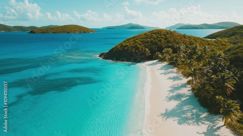 A serene beach scene with clear turquoise waters and lush green hills in the background.