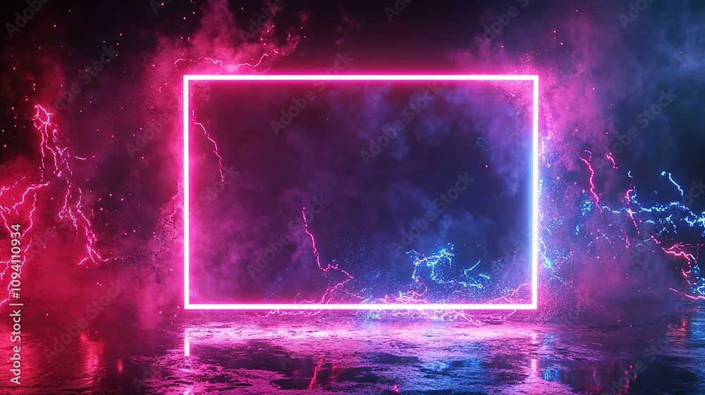 Glowing neon frame with pink and blue smoke and lightning effect. Glowing neon frame with pink and blue smoke and lightning effect.