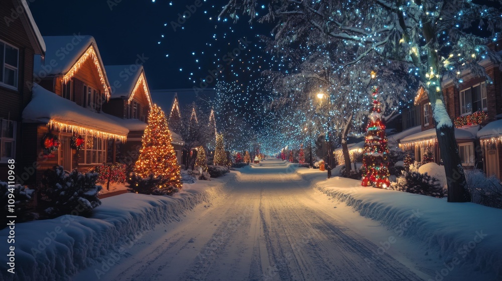 A snow covered street lined with homes adorned in vibrant Christmas lights, creating a warm holiday atmosphere A snow covered street lined with homes adorned in vibrant Christmas lights, creating a warm holiday atmosphere