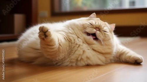 Contented Persian Cat Relaxing on Wooden Floor in Cozy Home Environment