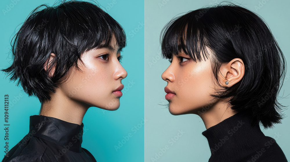 split image showcasing person before and after getting bangs, highlighting transformation in hairstyle and facial expression. background is solid color, enhancing focus on subject split image showcasing person before and after getting bangs, highlighting transformation in hairstyle and facial expression. background is solid color, enhancing focus on subject