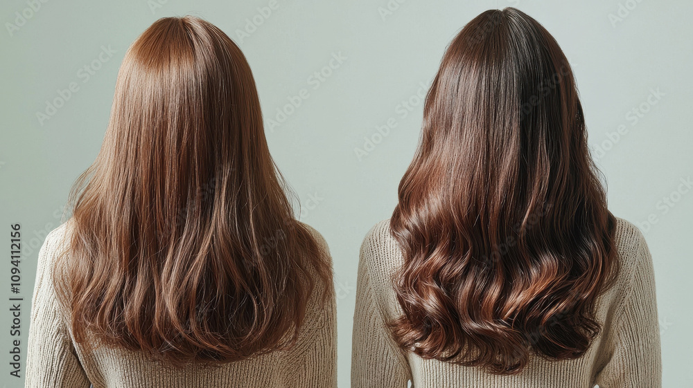 Before and after images show transformation from dull to shiny, voluminous hair. left side displays flat, lifeless hair, while right side reveals glossy, bouncy curls Before and after images show transformation from dull to shiny, voluminous hair. left side displays flat, lifeless hair, while right side reveals glossy, bouncy curls