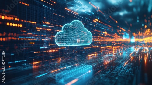 A corporate IT department upgrading their infrastructure with cloud computing, with holographic interfaces showing data migration and system optimization processes