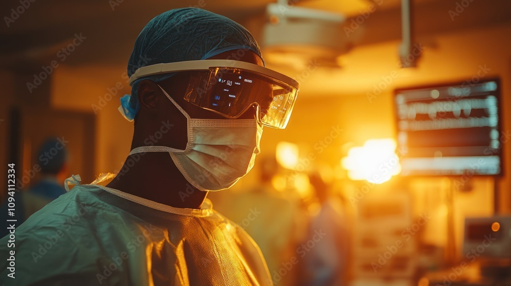 A doctor using smart glasses during surgery to monitor patient vitals and receive AI-assisted recommendations in real time, with digital data floating in their field of view A doctor using smart glasses during surgery to monitor patient vitals and receive AI-assisted recommendations in real time, with digital data floating in their field of view