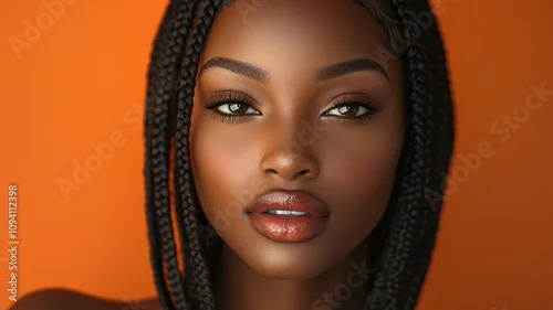 Fototapeta woman with long, thin box braids poses against orange background, showcasing protective hairstyle with confident expression