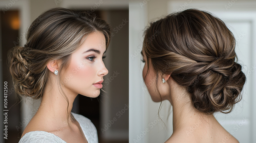 Elegant side by side images showcasing transition from casual to formal hairstyle, featuring intricate braids and sophisticated updo, perfect for special occasions Elegant side by side images showcasing transition from casual to formal hairstyle, featuring intricate braids and sophisticated updo, perfect for special occasions