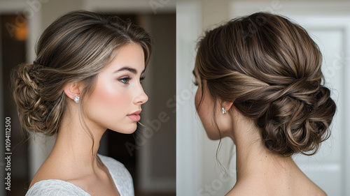 Elegant side by side images showcasing transition from casual to formal hairstyle, featuring intricate braids and sophisticated updo, perfect for special occasions