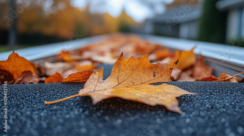 autumn leaves filling a residential gutter before winter season begins, capturing the transition from fall to winter as vibrant foliage decays, highlighting seasonal change and home maintenance photo