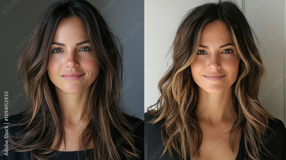 woman with long, wavy hair is shown in before and after comparison, highlighting stylish haircut makeover. transformation emphasizes fresh, modern look with layered waves woman with long, wavy hair is shown in before and after comparison, highlighting stylish haircut makeover. transformation emphasizes fresh, modern look with layered waves