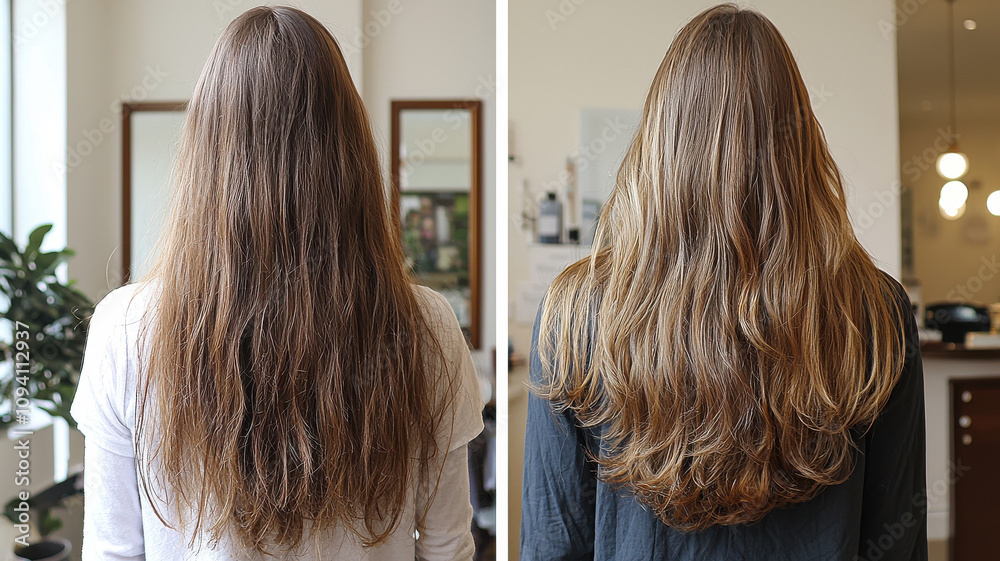 before and after comparison of woman haircut makeover, showcasing long brown hair transformed into styled, voluminous look with added layers and shine before and after comparison of woman haircut makeover, showcasing long brown hair transformed into styled, voluminous look with added layers and shine