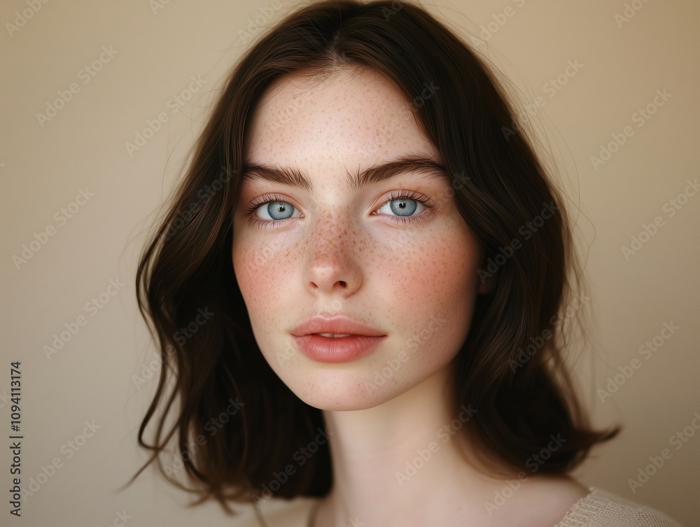 A portrait of a young woman with fair skin and freckles, featuring piercing blue eyes, soft pink lips, and smooth, natural makeup. The background is a neutral beige A portrait of a young woman with fair skin and freckles, featuring piercing blue eyes, soft pink lips, and smooth, natural makeup. The background is a neutral beige
