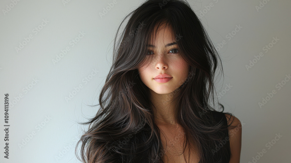 woman with flowing long hair and subtle layers stands against plain background, exuding serene and confident expression. Her dark hair cascades naturally, framing her face beautifully