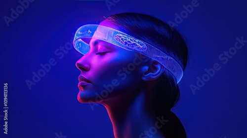 A futuristic headband designed for sleep tracking, monitoring brain activity and sleep stages, with holographic projections of sleep metrics like duration and sleep score displayed in mid-air photo