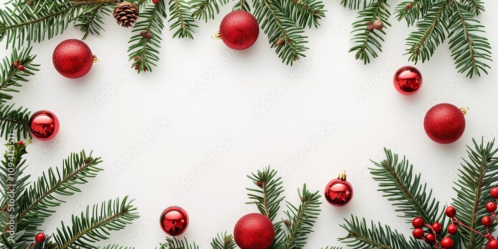 Christmas Fir Branches with Red Baubles and Copy Space Christmas Fir Branches with Red Baubles and Copy Space