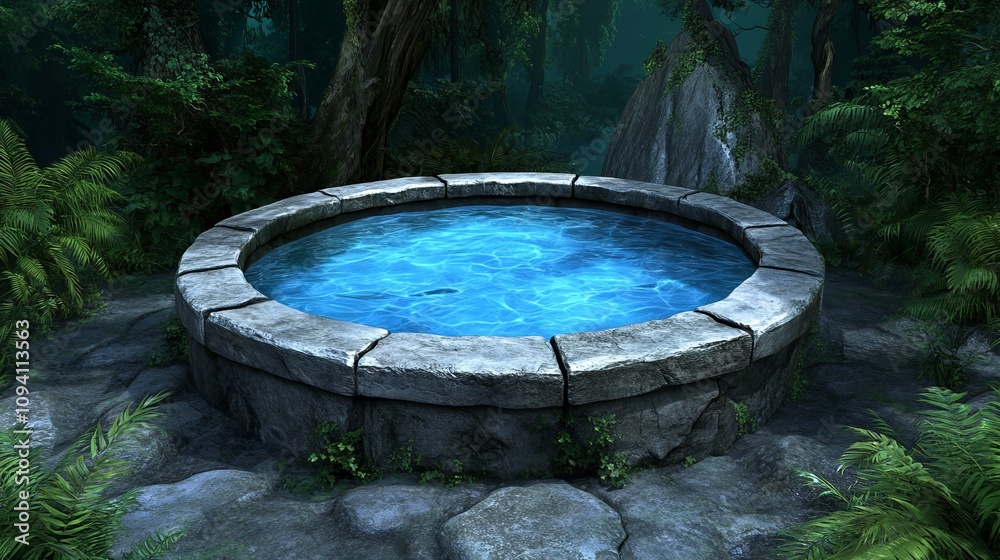 Enchanting Stone Well in Lush Forest Mystical Blue Water Fantasy Setting Game Background