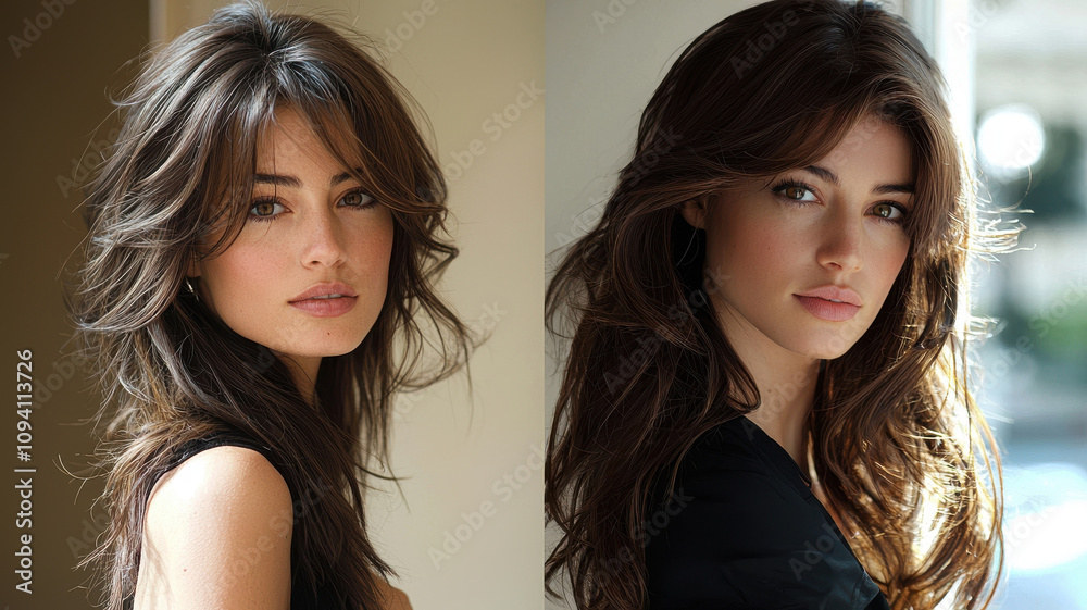 Two women with side swept bangs and long, wavy hair are shown in warm, natural light setting. Their hairstyles frame their faces beautifully, enhancing their features Two women with side swept bangs and long, wavy hair are shown in warm, natural light setting. Their hairstyles frame their faces beautifully, enhancing their features