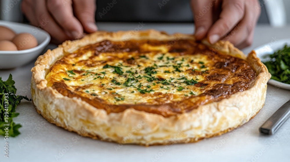 Skilled hands place a beautifully cooked quiche, emphasizing the devotion to homemade culinary artistry and savory delight. Skilled hands place a beautifully cooked quiche, emphasizing the devotion to homemade culinary artistry and savory delight.