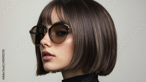 woman with sleek bob haircut and stylish round glasses exudes confidence and elegance. Her straight, chin length hair complements her sophisticated look, enhanced by black turtleneck