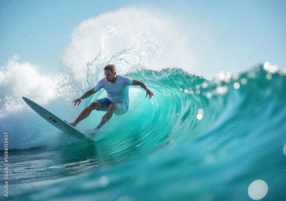 Surfer riding a vibrant wave in clear blue ocean on a sunny day Surfer riding a vibrant wave in clear blue ocean on a sunny day