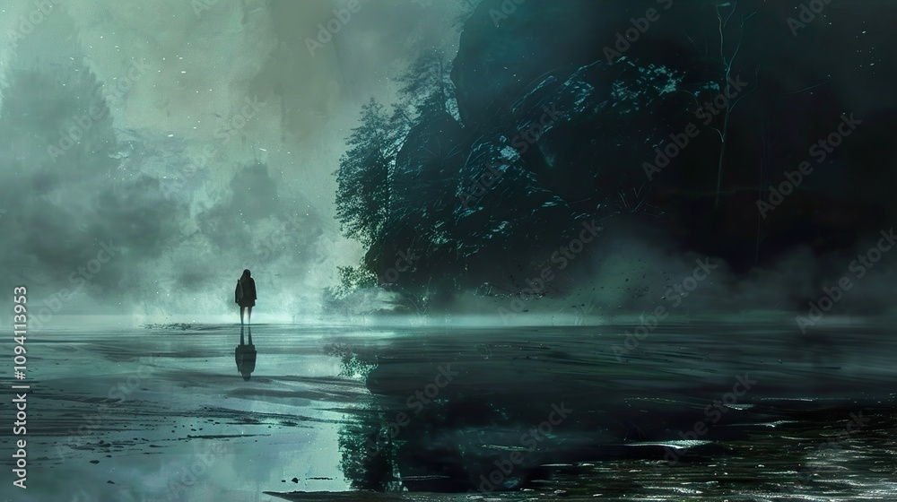 Fototapeta premium A Solitary Figure in a Foggy, Enchanting Forest