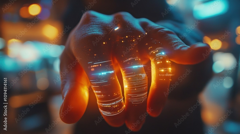 A person using a smart ring to make contactless payments, with digital feedback and holographic transaction confirmations projected in front of them A person using a smart ring to make contactless payments, with digital feedback and holographic transaction confirmations projected in front of them