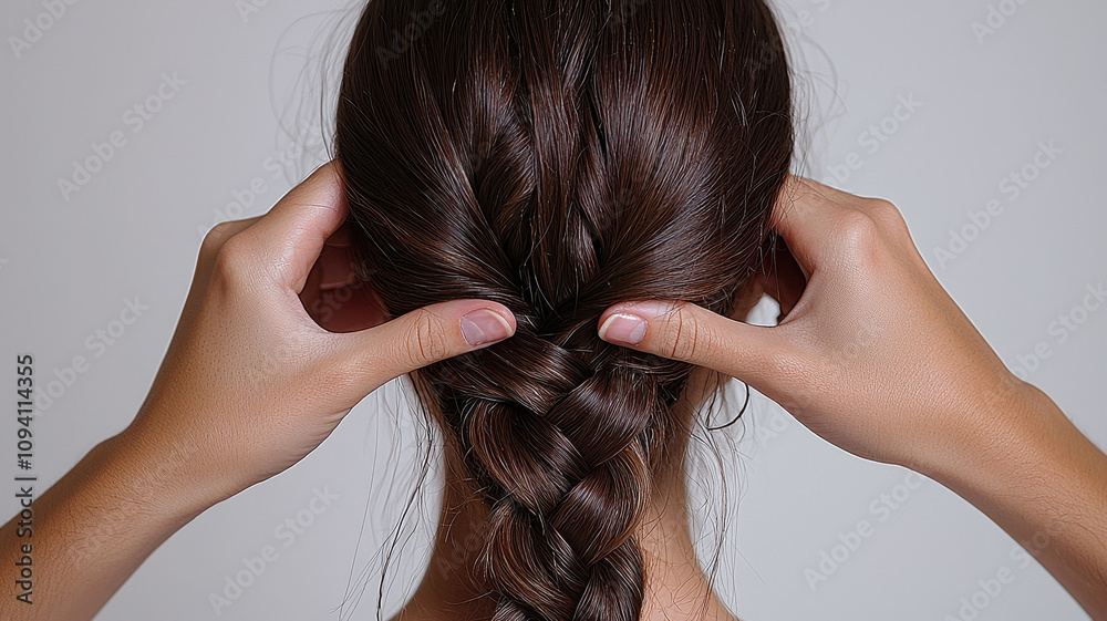 Braiding process with hands in focus, showcasing step by step technique for creating neat braid on brown hair. image highlights intricate details of braiding process Braiding process with hands in focus, showcasing step by step technique for creating neat braid on brown hair. image highlights intricate details of braiding process