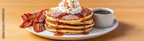 Indulge in hot fluffy pancakes with maple syrup and whipped cream at your cozy breakfast nook