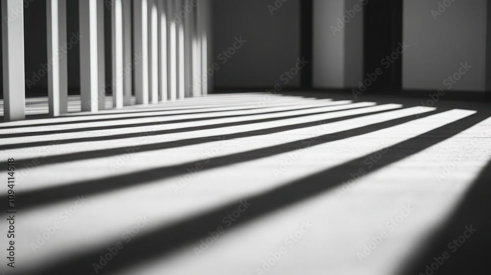 Minimalist Interior Scene with Long Shadows Cast by Vertical White Columns on a Soft Surface, Highlighting Modern Architectural Design Elements Minimalist Interior Scene with Long Shadows Cast by Vertical White Columns on a Soft Surface, Highlighting Modern Architectural Design Elements