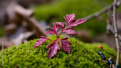 Sprout of oak with red leaves on green bootlicking moss photo