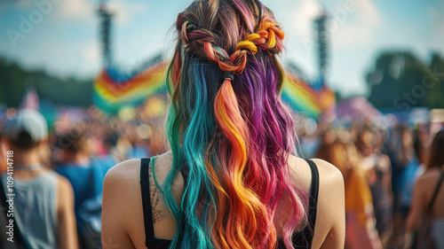 person with vibrant, braided hair extensions stands amidst lively festival crowd, showcasing colorful and creative hairstyle. atmosphere is festive and energetic