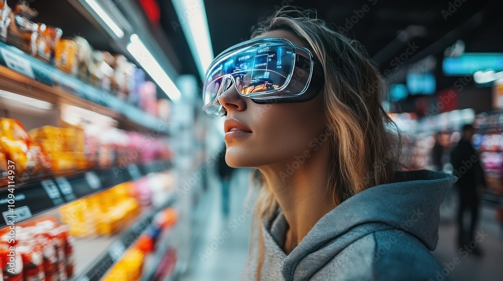 A shopper using smart glasses in a futuristic mall, with augmented reality product information, price comparisons, and personalized shopping suggestions projected on store shelves