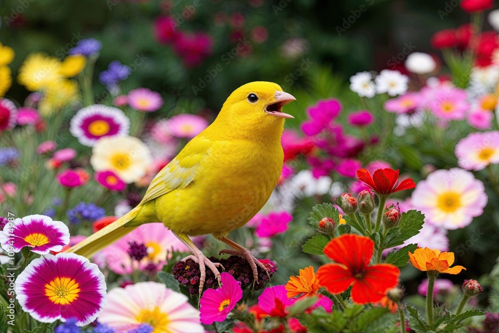 Delightful Yellow Canary Singing Surrounded by Colorful Flowers in a Joyful Garden Delightful Yellow Canary Singing Surrounded by Colorful Flowers in a Joyful Garden