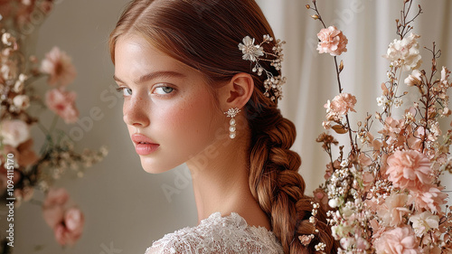 young woman with side swept Dutch braid adorned with floral accessories poses gracefully among blooming flowers, exuding elegance and charm photo