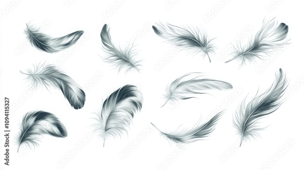 Obraz premium A Collection of Elegant and Soft Black and White Feather Illustrations Displayed on a White Background for Creative and Design Projects