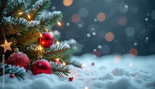 Snowy holiday scene with fir branches glittering stars red ornaments and glowing lights on a dark background leaving ample space for text.