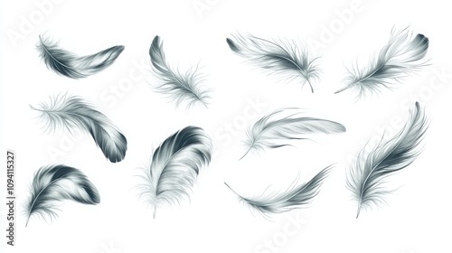 A Collection of Elegant and Soft Black and White Feather Illustrations Displayed on a White Background for Creative and Design Projects