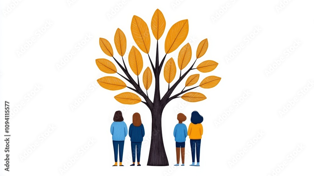 Autumn Tree Women Friends Friendship Fall Season Nature Illustration Autumn Tree Women Friends Friendship Fall Season Nature Illustration
