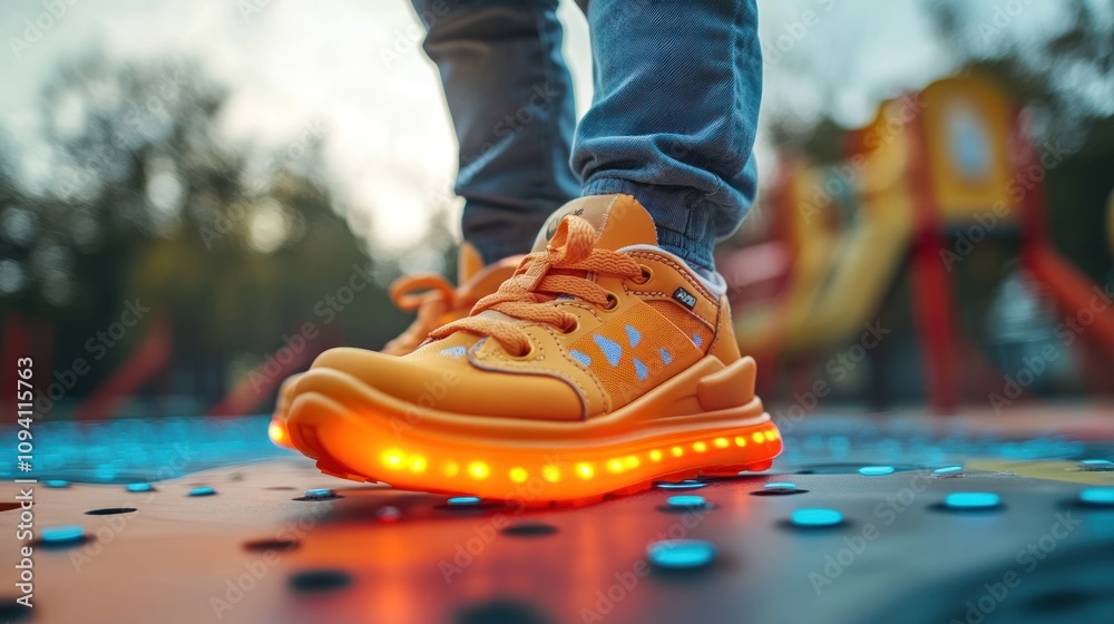 A smart shoe for kids that tracks steps, jump height, and activity levels, with augmented reality visuals showing fun challenges and rewards as the child plays A smart shoe for kids that tracks steps, jump height, and activity levels, with augmented reality visuals showing fun challenges and rewards as the child plays