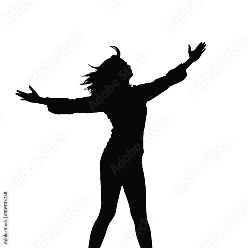 A black silhouette of a woman standing with arms outstretched in a joyous or freeing pose, set against a clean white background