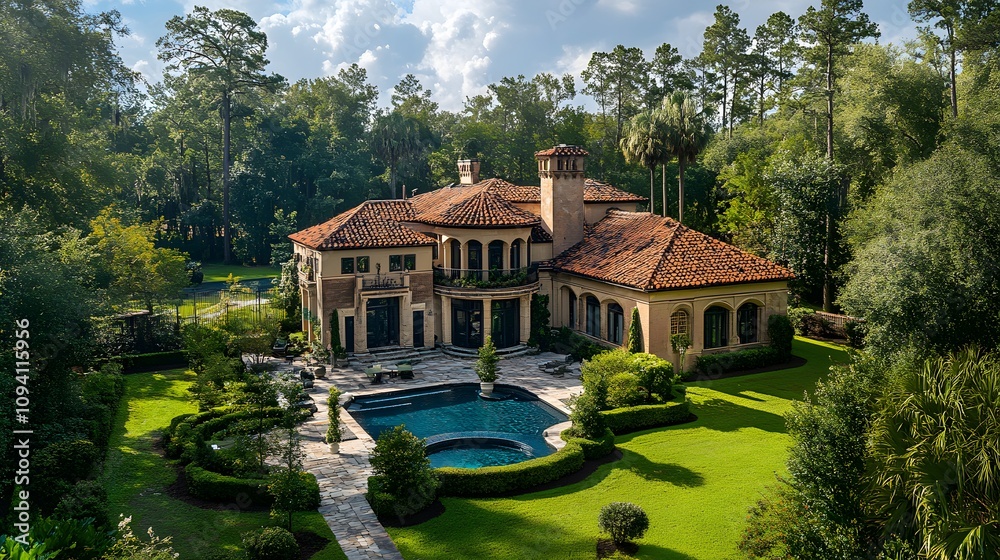 Fototapeta premium Breathtaking view of a luxurious mansion with a pool surrounded by lush greenery.