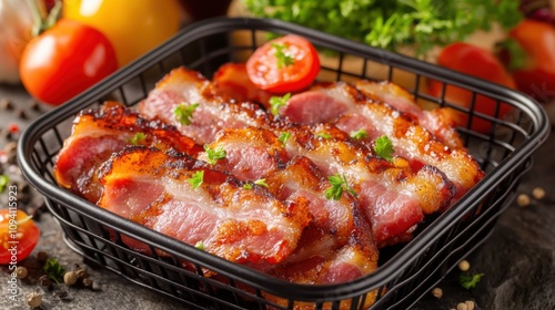 Sizzling Bacon in a Basket on a Stone Countertop