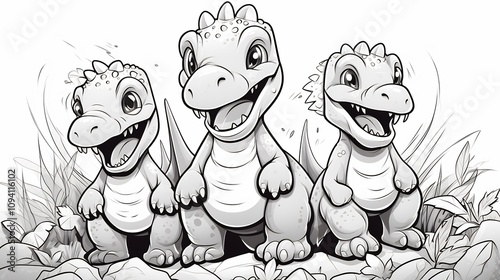 Playful Black and White Dinosaur Characters for Children s Coloring Book long title This vibrant black and white features a trio of playful cheerful photo