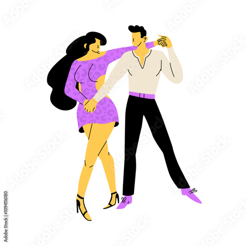 Couple dancing bachata. Man and woman actively spending time together. Dance party or Latin dance lessons. Vector illustration isolated on transparent background.