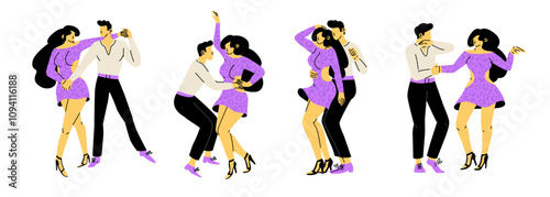 Set of 4 dancing bachata couples. Man and woman actively spending time together. Sensual romantic dance. Dance party or Latin dance lessons. Vector illustration isolated on transparent background.