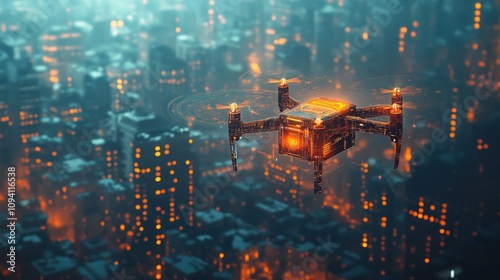 An AI-powered autonomous delivery drone navigating through a smart city, with digital overlays of real-time logistics and route optimization data photo