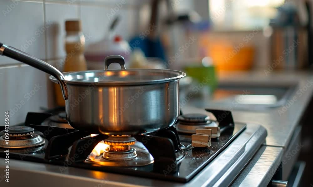Stainless steel cooking pot on gas stove in cozy kitchen setting : Generative AI